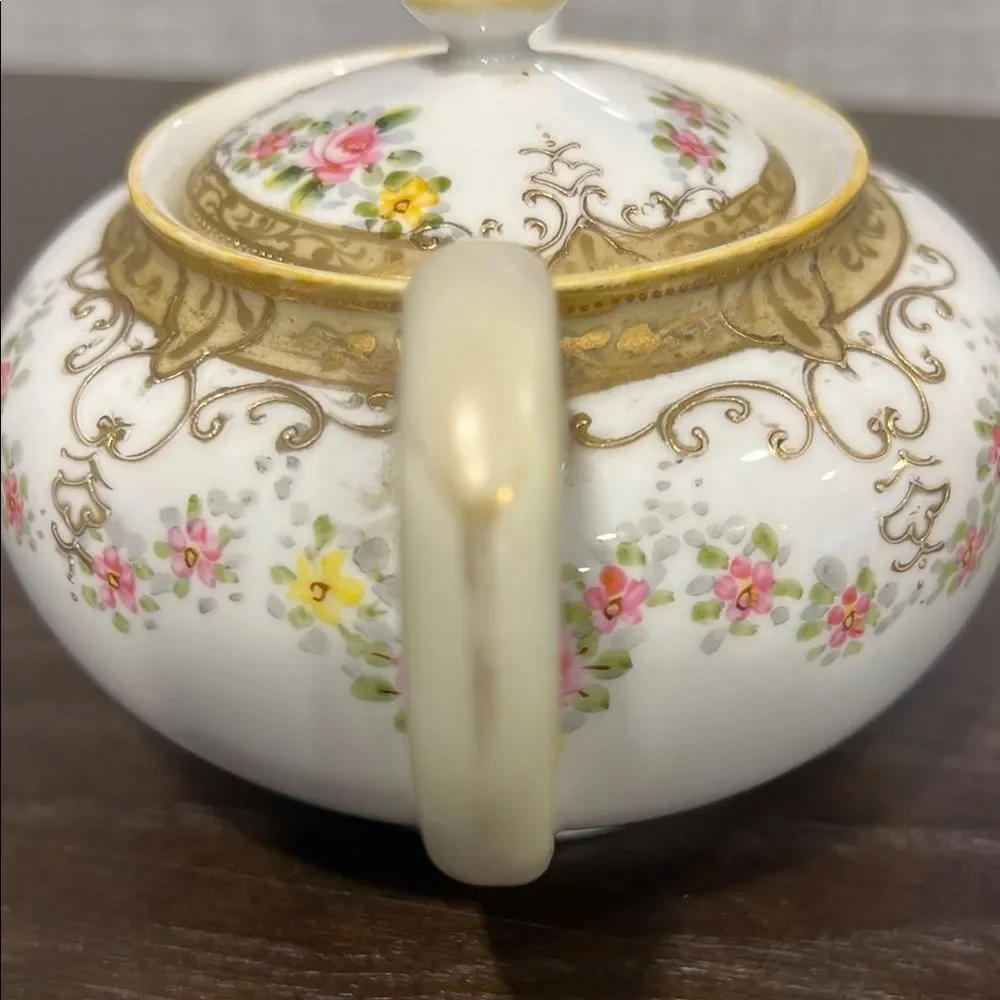 Antique Noritake Nippon Maple Leaf Teapot 1891 Hand Painted Gold Pink Roses